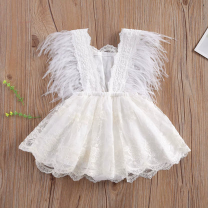 Princess Infant Baby Girls Lace Embroidery Romper Dress Sweet Baby Feathers Fly Sleeve Backless White Jumpsuit Summer Romper