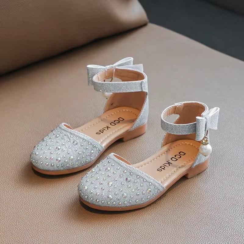 Girls' Rhinestone and Pearl Princess Shoes - Versatile Flat Sandals for Weddings and Parties in Korean Style