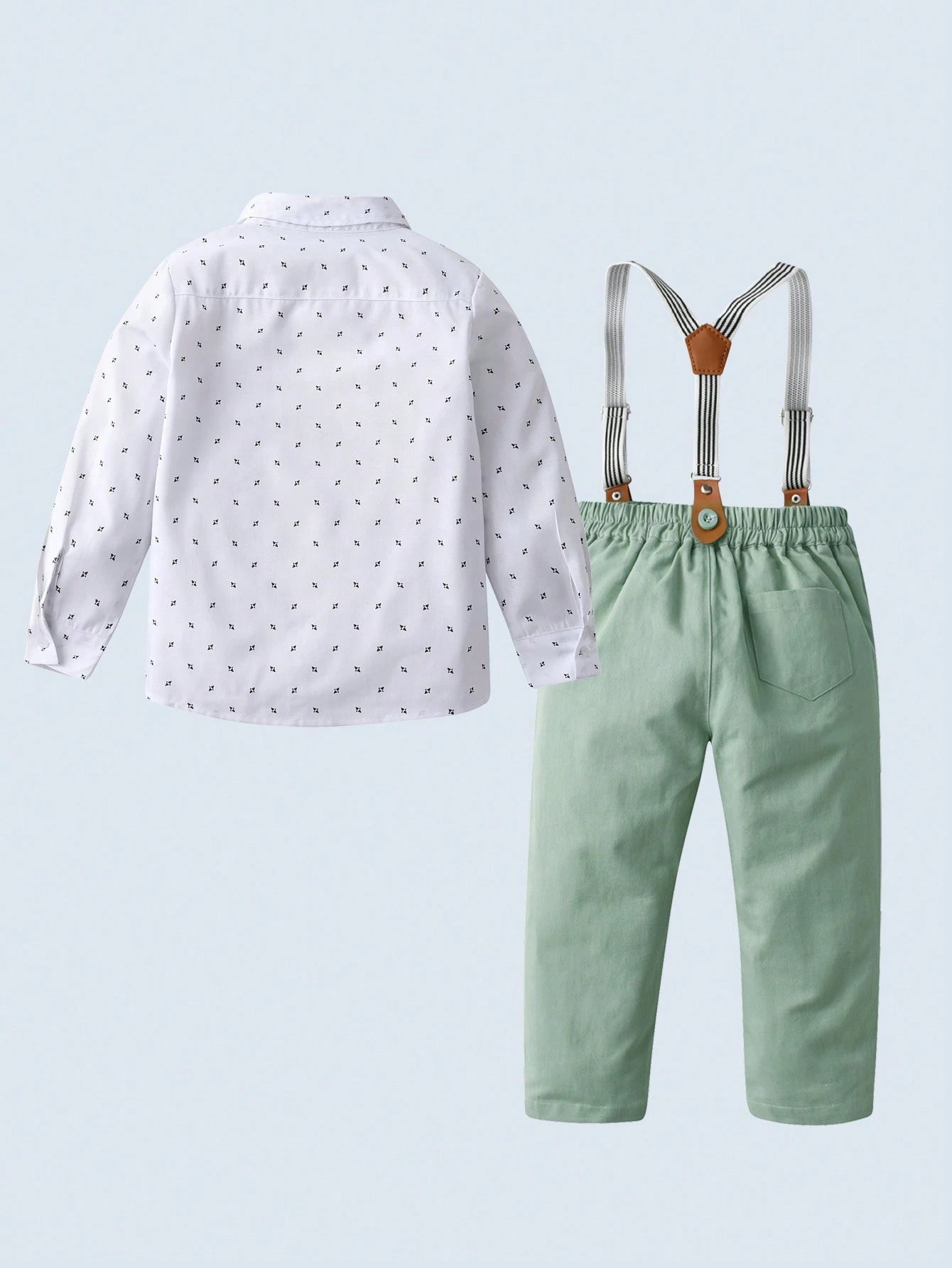 BOARNSEORL 2Pcs/Set Baby Boy Gentleman Suit with Long Sleeve Printed Shirt, Bowtie and Overalls Pants for Birthday, Party, Wedding and More