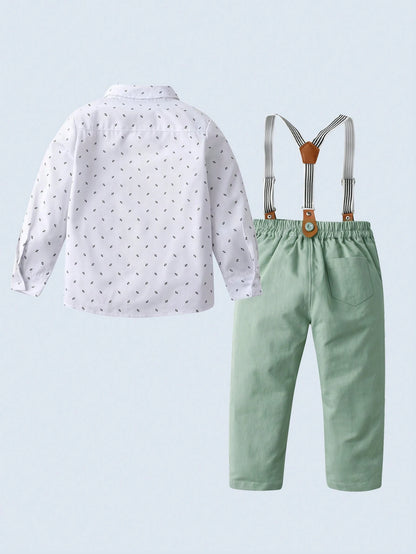 BOARNSEORL 2Pcs/Set Baby Boy Gentleman Suit with Long Sleeve Printed Shirt, Bowtie and Overalls Pants for Birthday, Party, Wedding and More