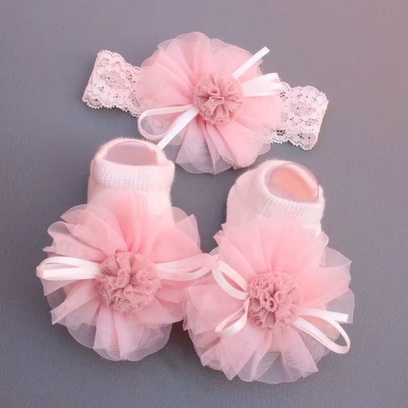 2 Pcs/Set Crown Baby Headband Socks Lace Bows Newborn Infant Girl Socks Hairband Set Kids Hair Accessories