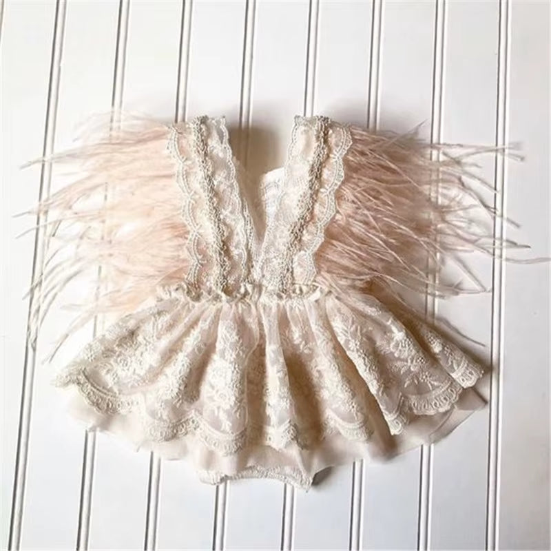 Princess Infant Baby Girls Lace Embroidery Romper Dress Sweet Baby Feathers Fly Sleeve Backless White Jumpsuit Summer Romper