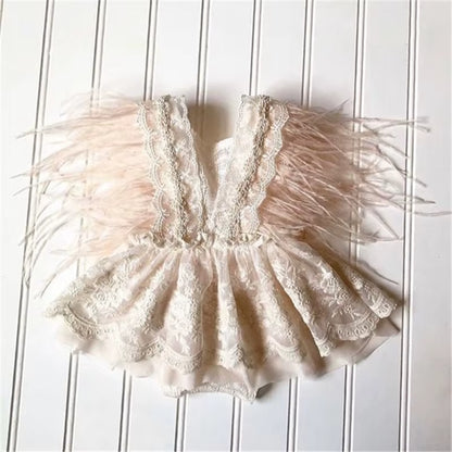 Princess Infant Baby Girls Lace Embroidery Romper Dress Sweet Baby Feathers Fly Sleeve Backless White Jumpsuit Summer Romper