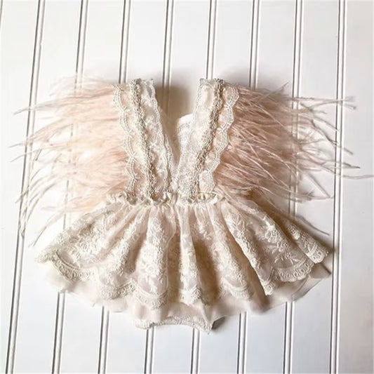 Princess Infant Baby Girls Lace Embroidery Romper Dress Sweet Baby Feathers Fly Sleeve Backless White Jumpsuit Summer Romper